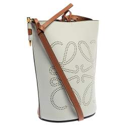 Pre Owned Loewe White/Brown Leather Gate Anagram Bucket Bag