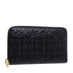 Pre Owned Loewe Black Monogram Embossed Leather Zip Around Wallet