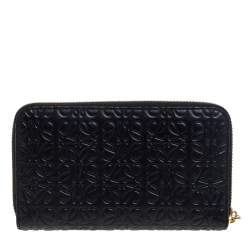Pre Owned Loewe Black Monogram Embossed Leather Zip Around Wallet