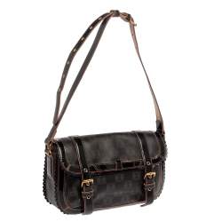 Pre Owned Loewe Dark Brown/Pink Anagram PVC and Patent Leather Flap Shoulder Bag