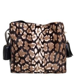Pre Owned Loewe Black/Brown Leopard Print Calfhair and Leather Tassel Shoulder Bag