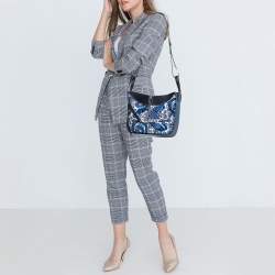 Pre Owned Loewe Black/Blue Bird Jacquard Canvas and Leather Hammock Bag