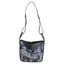 Pre Owned Loewe Black/Blue Bird Jacquard Canvas and Leather Hammock Bag