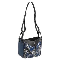 Pre Owned Loewe Black/Blue Bird Jacquard Canvas and Leather Hammock Bag