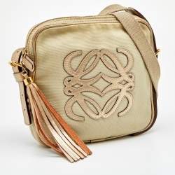 Pre Owned Loewe Beige/Gold Canvas and Leather Messenger Bag