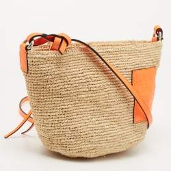 Pre Owned Loewe Beige/Orange Paula's Ibiza Raffia and Leather Crossbody Bag