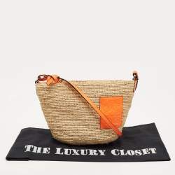 Pre Owned Loewe Beige/Orange Paula's Ibiza Raffia and Leather Crossbody Bag