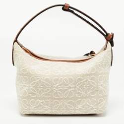 Pre Owned Loewe Ecru/Tan Jacquard Canvas and Leather Small Cubi Anagram Shoulder Bag