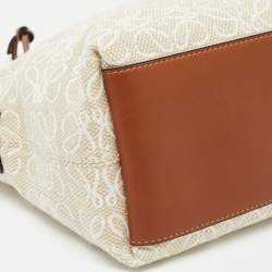 Pre Owned Loewe Ecru/Tan Jacquard Canvas and Leather Small Cubi Anagram Shoulder Bag