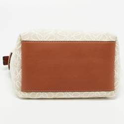 Pre Owned Loewe Ecru/Tan Jacquard Canvas and Leather Small Cubi Anagram Shoulder Bag