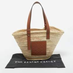 Loewe Brown/Natural Palm Leaf and Leather Medium Basket Tote