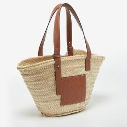 Loewe Brown/Natural Palm Leaf and Leather Medium Basket Tote