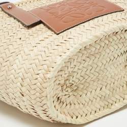 Loewe Brown/Natural Palm Leaf and Leather Medium Basket Tote