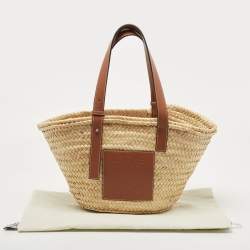 Loewe Brown/Cream Raffia and Leather Basket Tote