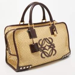 Loewe Cream/Brown Raffia and Leather Amazona 36 Satchel 