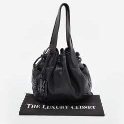 Pre Owned Loewe Black Leather Embellished Drawstring Bucket Bag