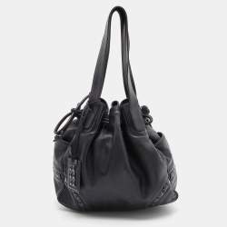 Pre Owned Loewe Black Leather Embellished Drawstring Bucket Bag