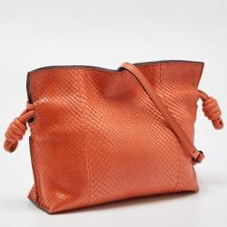 Pre Owned Loewe Orange Snakeskin Flamenco Clutch Bag