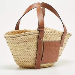 Loewe Brown/Natural Raffia and Leather Small Basket Tote