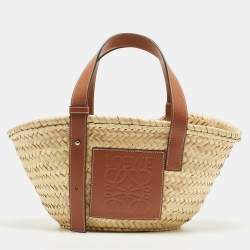 Loewe Brown/Natural Raffia and Leather Small Basket Tote