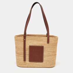Loewe Beige/Tan Raffia and Leather Small Square Basket Bag