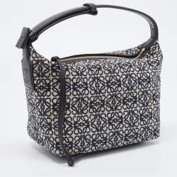 Pre Owned Loewe Beige/Blue Jacquard Canvas and Leather Small Cubi Anagram Shoulder Bag
