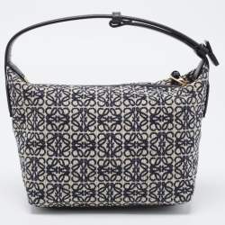 Pre Owned Loewe Beige/Blue Jacquard Canvas and Leather Small Cubi Anagram Shoulder Bag