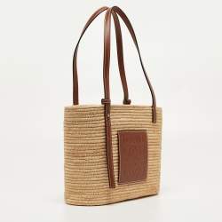 Loewe Natural/Pecan Raffia and Leather Small Square Basket Bag 