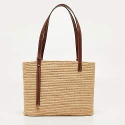 Loewe Natural/Pecan Raffia and Leather Small Square Basket Bag 