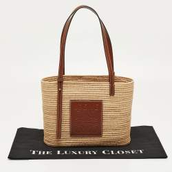 Loewe Natural/Pecan Raffia and Leather Small Square Basket Bag 
