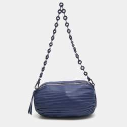 Pre Owned Loewe Blue Leather Pleated Bracelet Pouch Bag