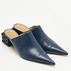 Loewe Navy Blue Leather Pointed Toe Mules Size 40