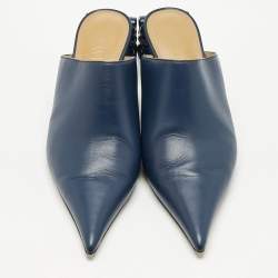 Loewe Navy Blue Leather Pointed Toe Mules Size 40