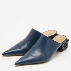 Loewe Navy Blue Leather Pointed Toe Mules Size 40