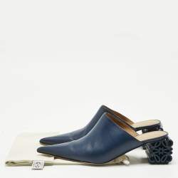 Loewe Navy Blue Leather Pointed Toe Mules Size 40