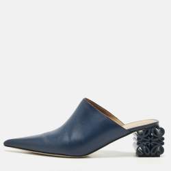 Loewe Navy Blue Leather Pointed Toe Mules Size 40