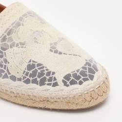 Pre Owned Loewe White/Brown Lace and Leather Espadrille Flats Size 37