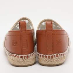 Pre Owned Loewe White/Brown Lace and Leather Espadrille Flats Size 37
