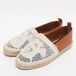 Pre Owned Loewe White/Brown Lace and Leather Espadrille Flats Size 37