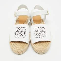 مملوكة مسبقًا Loewe Anagram Size 38 White Canvas and Leather Espadrille Ankle Strap Sandals