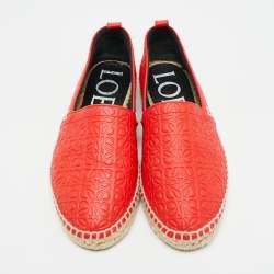 Pre Owned Loewe Size 37 Red Logo Embossed Leather Espadrille Flats