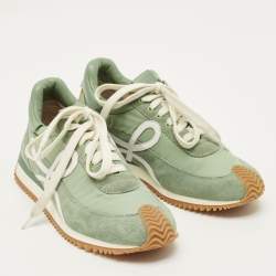 Pre Owned Loewe Flow Runner Size 38 Green Leather and Suede Lace Up Sneakers