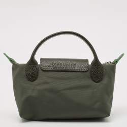 Pre Owned Longchamp Olive Green Leather and Nylon Le Pliage Pouch 