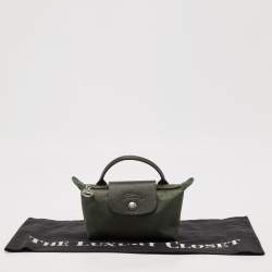 Pre Owned Longchamp Olive Green Leather and Nylon Le Pliage Pouch 