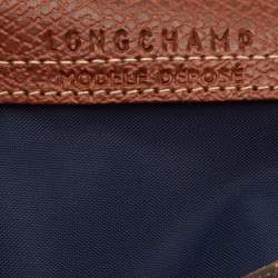 Pre Owned Longchamp Navy Blue Leather and Nylon Le Pliage Pouch 