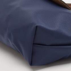 Pre Owned Longchamp Navy Blue Leather and Nylon Le Pliage Pouch 