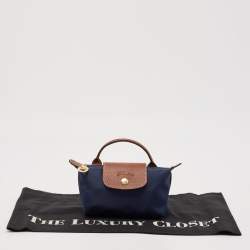 Pre Owned Longchamp Navy Blue Leather and Nylon Le Pliage Pouch 