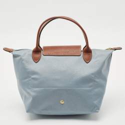 Longchamp Light Blue/Brown Nylon Small Short Le Pliage Tote