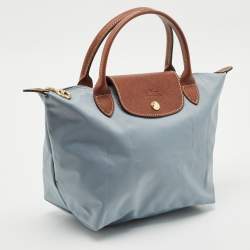 Longchamp Light Blue/Brown Nylon Small Short Le Pliage Tote