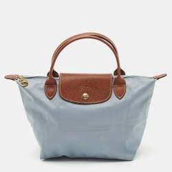 Longchamp Light Blue/Brown Nylon Small Short Le Pliage Tote